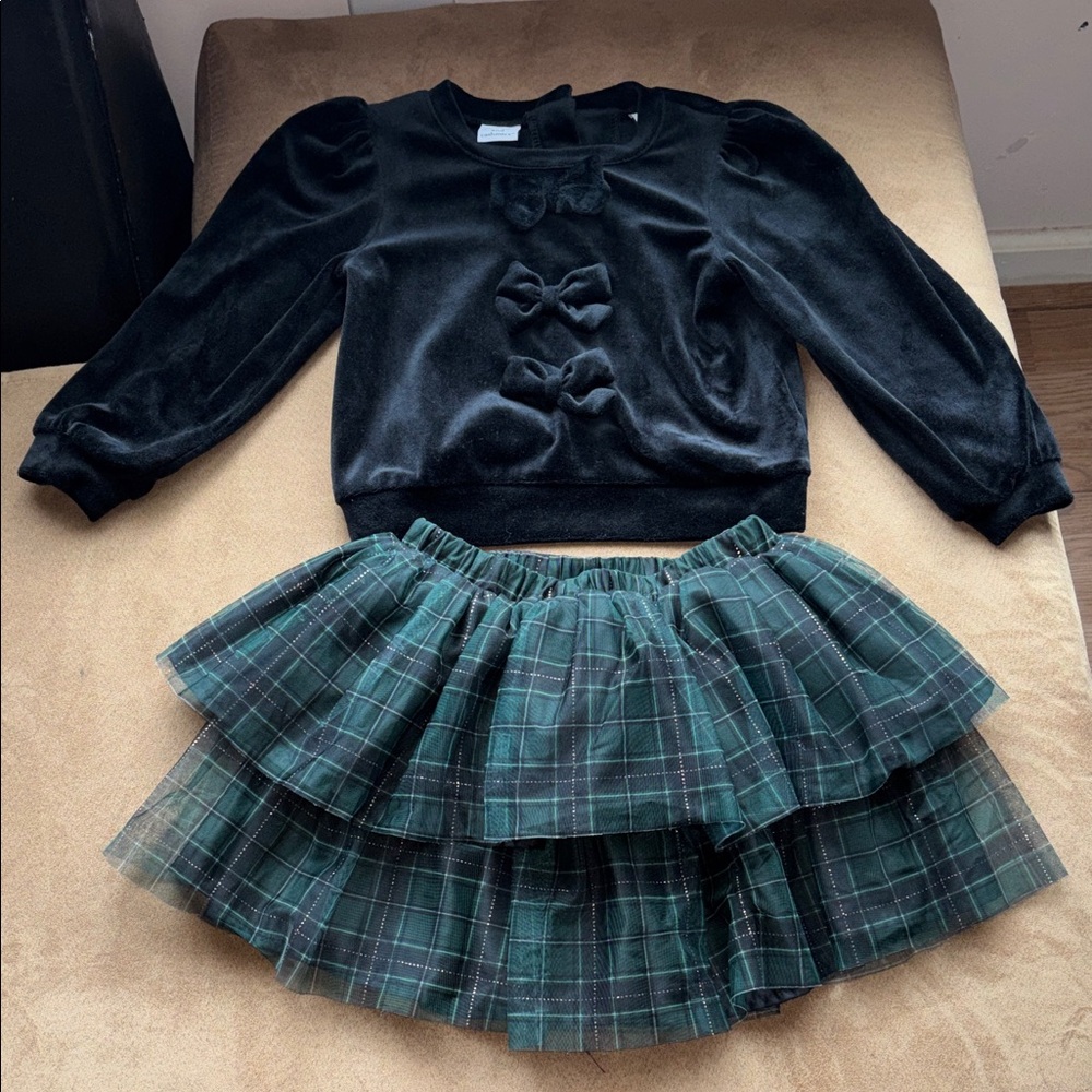 Cupcakes & Cashmere Velvet Black Top and Green Plaid Skirt Set and Headband